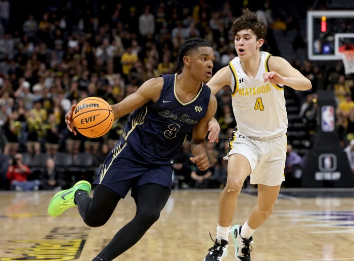 Notre Dame's Caleb Foster (3) in a 2023 state-championship win over Granada at the Golden 1 Center in Sacramento.